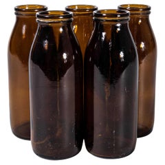 1960's Original Vintage Stubby Hungarian Milk Bottles - Deep Brown Set Of Five