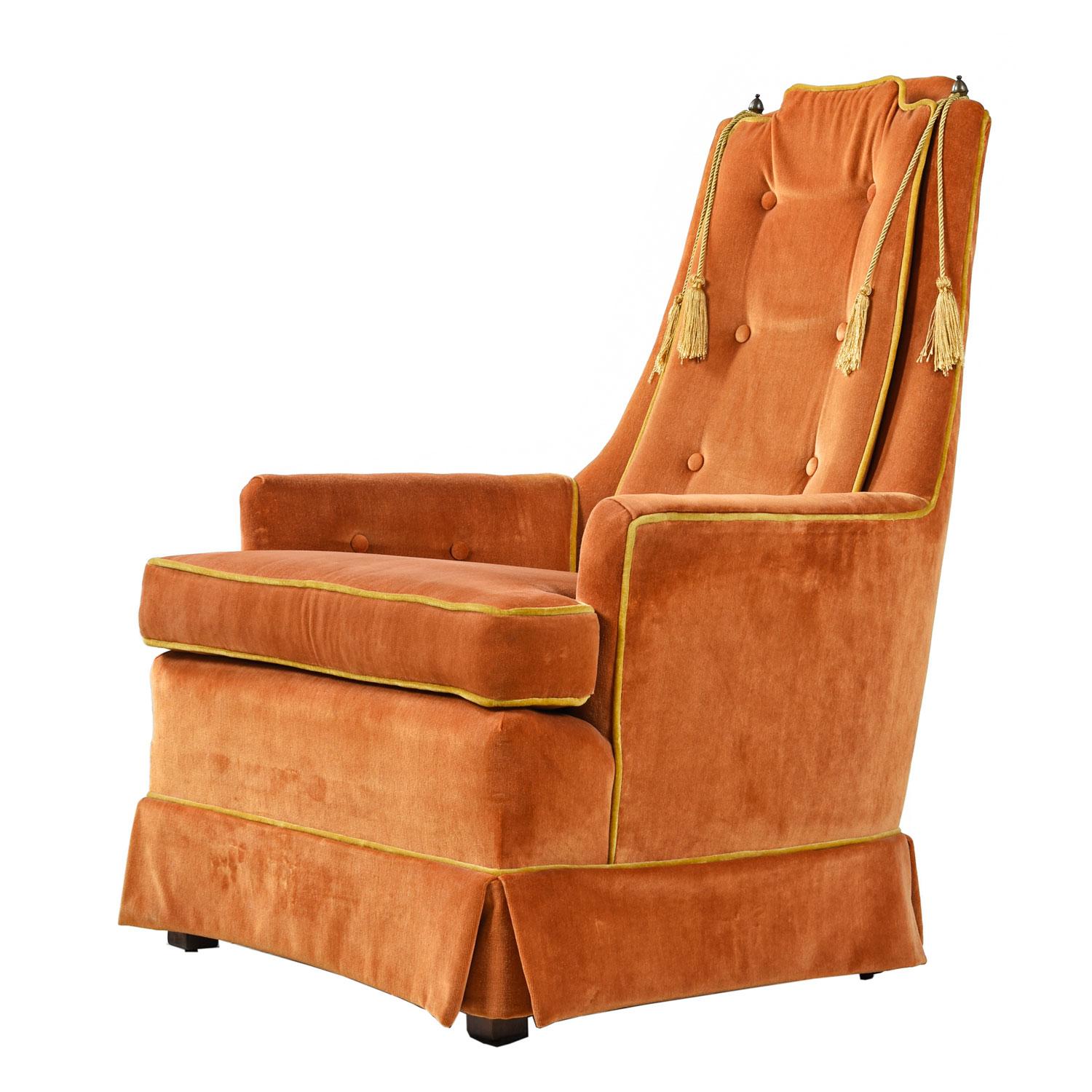 Hollywood Regency 1960s Original Yellow Orange Velvet Tufted High Back Lounge Chair Set by McAfee