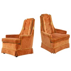 1960s Original Yellow Orange Velvet Tufted High Back Lounge Chair Set by McAfee