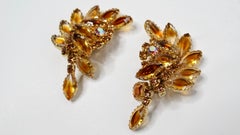 1960s Ornate Topaz-Colored Rhinestone 14k Gold Plated Statement Earrings