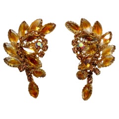 Vintage 1960s Ornate Topaz-Colored Rhinestone 14k Gold Plated Statement Earrings