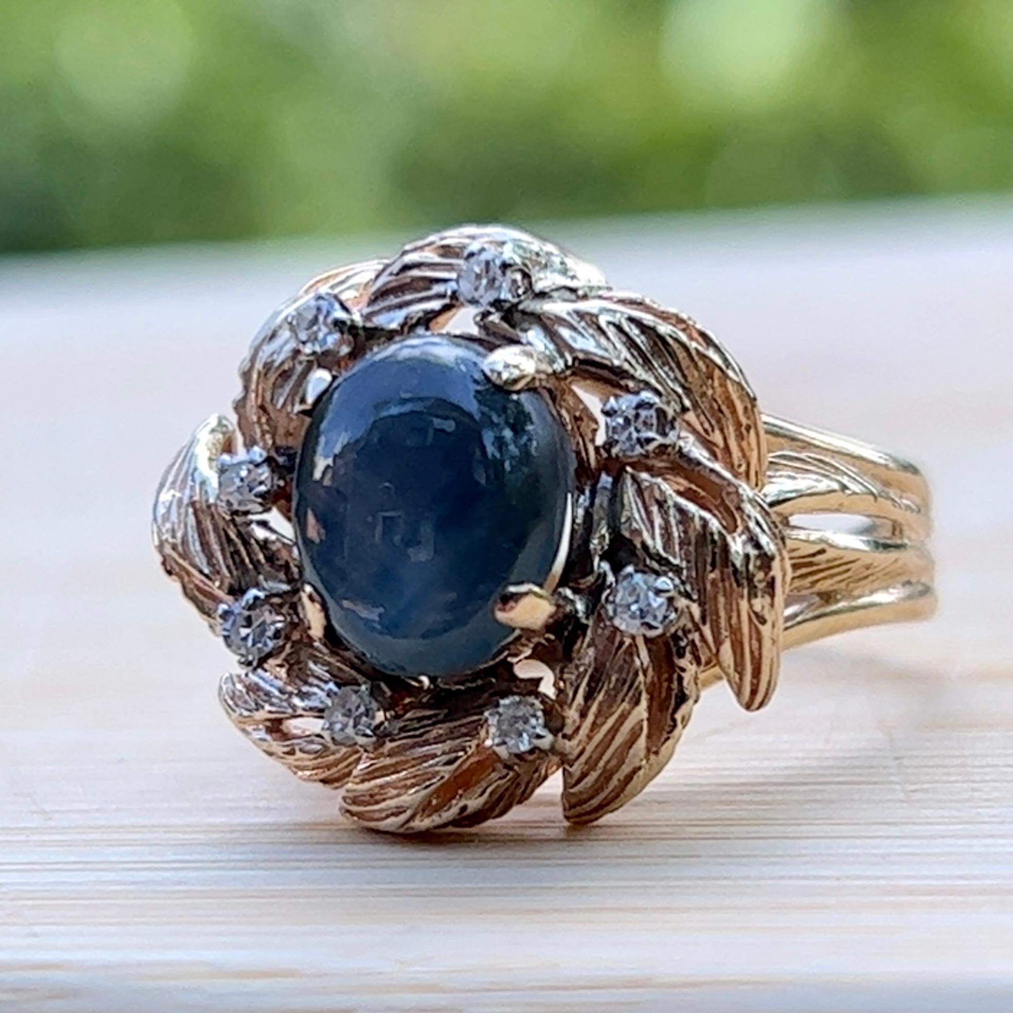 Women's 1960s Oscar Caplan Sapphire and Diamond Wreath Ring in 14K Yellow Gold  For Sale