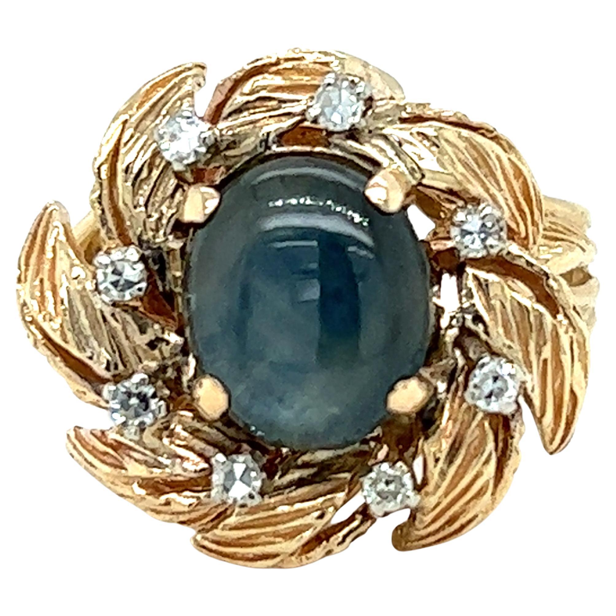 1960s Oscar Caplan Sapphire and Diamond Wreath Ring in 14K Yellow Gold 
