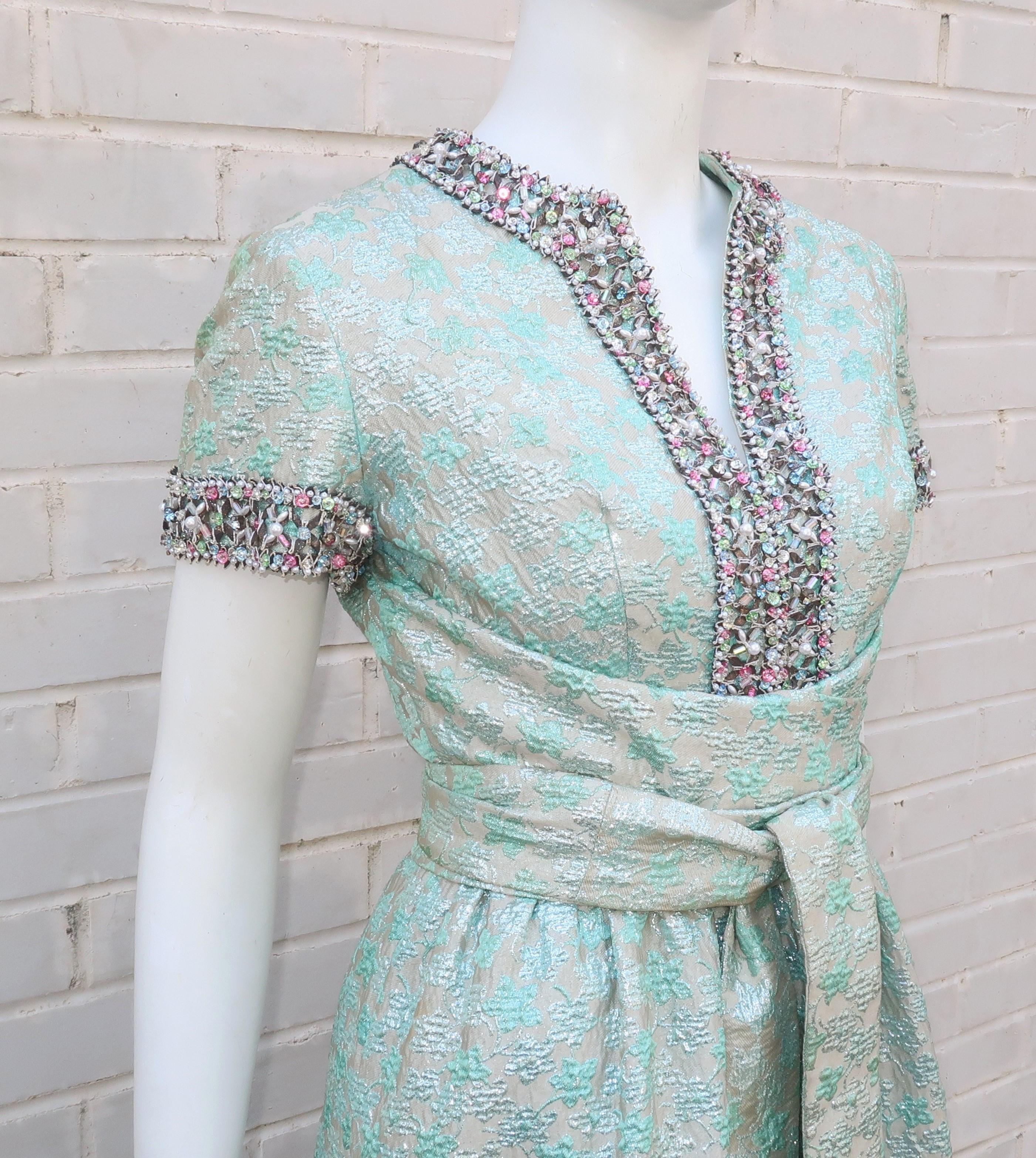 Gray 1960's Oscar de La Renta Beaded Brocade Evening Dress