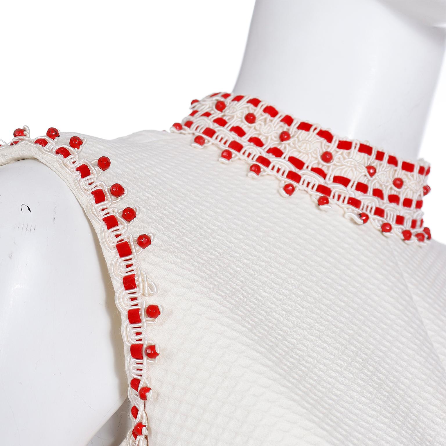 1960s Oscar de la Renta Beaded Off White Pique Cotton Mini Dress W Red Beadwork For Sale 6
