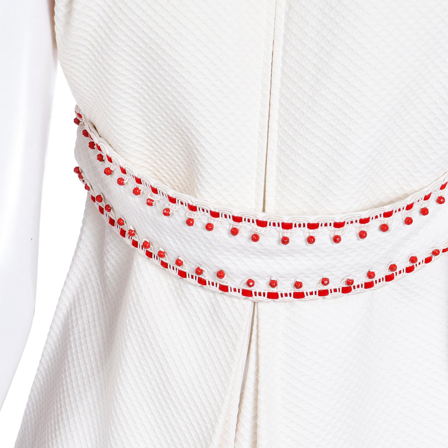 1960s Oscar de la Renta Beaded Off White Pique Cotton Mini Dress W Red Beadwork For Sale 7