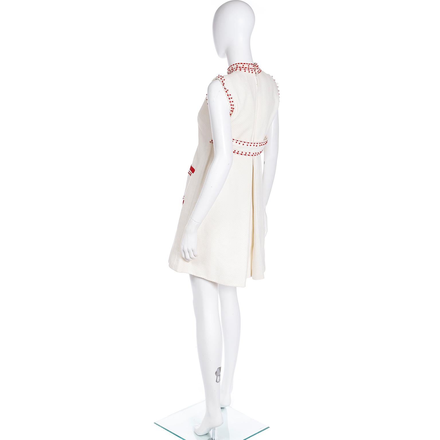 Women's 1960s Oscar de la Renta Beaded Off White Pique Cotton Mini Dress W Red Beadwork For Sale
