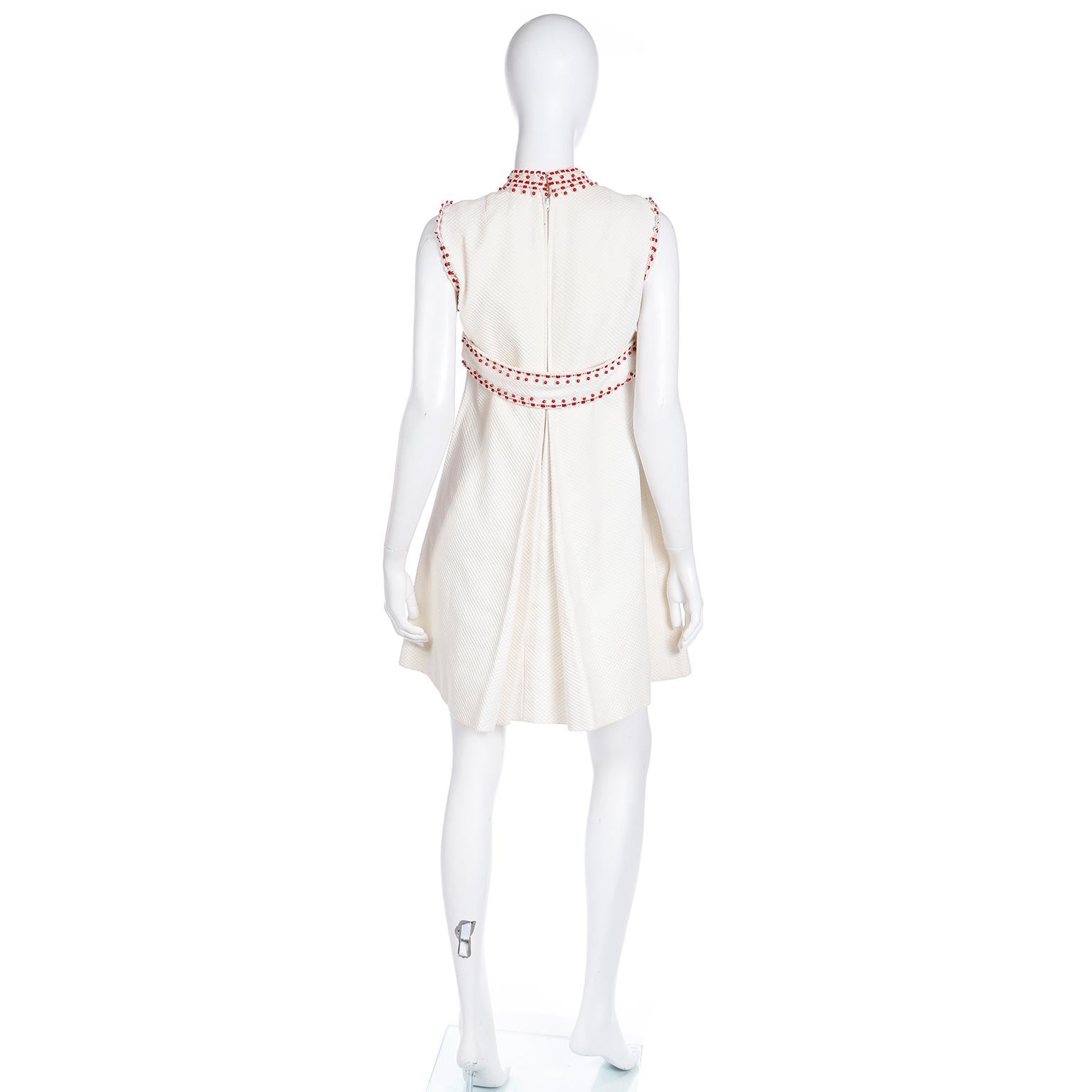 1960s Oscar de la Renta Beaded Off White Pique Cotton Mini Dress W Red Beadwork For Sale 1