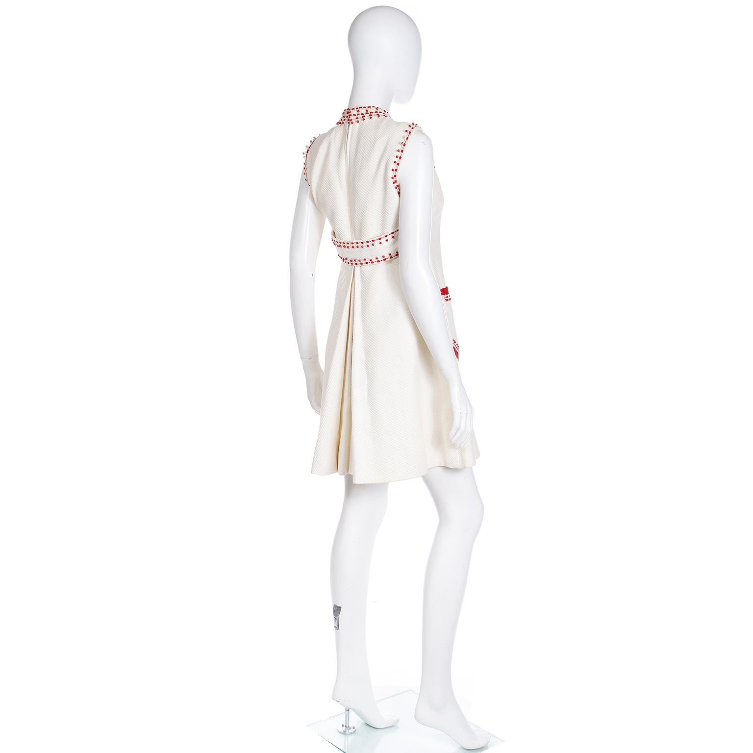 1960s Oscar de la Renta Beaded Off White Pique Cotton Mini Dress W Red Beadwork For Sale 2