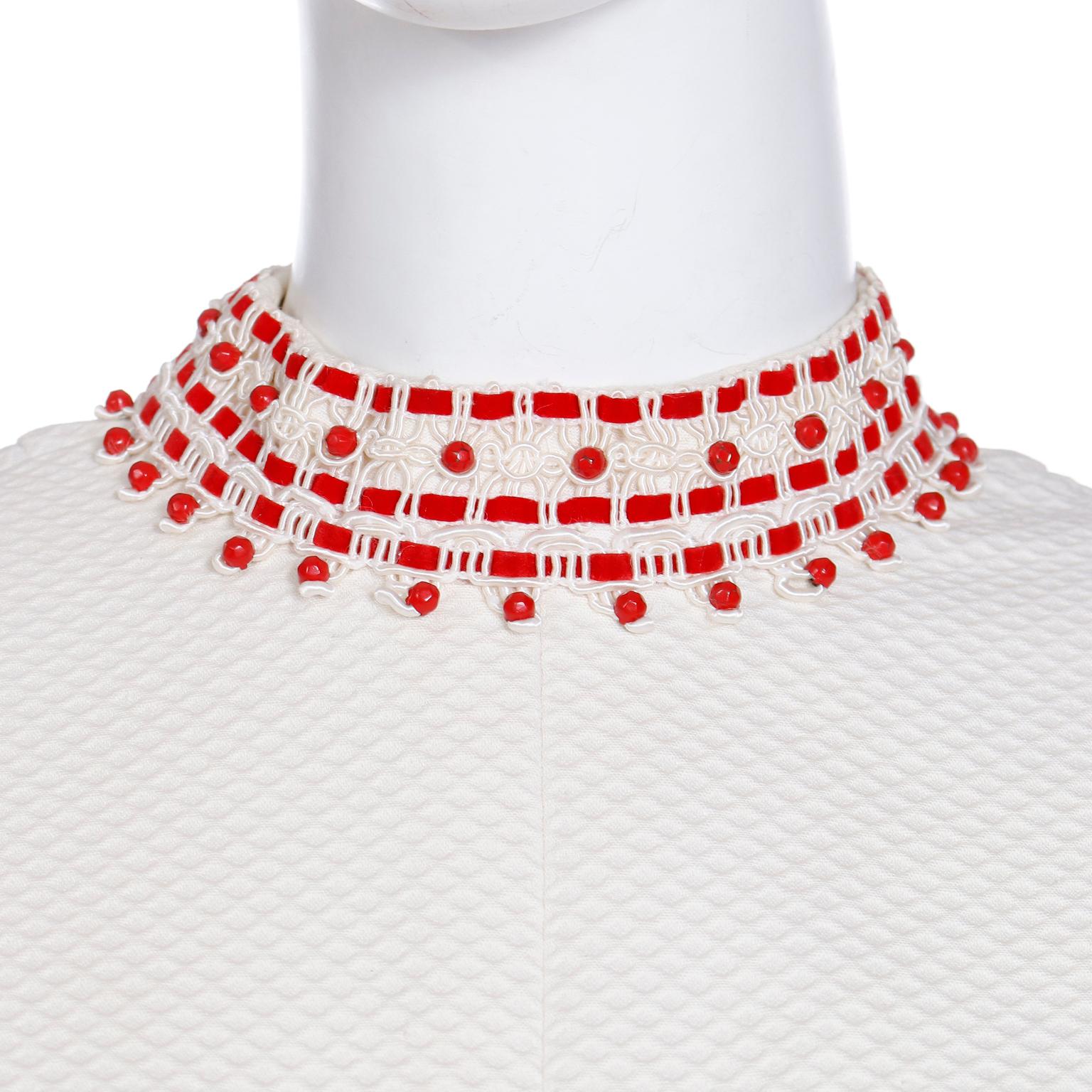 1960s Oscar de la Renta Beaded Off White Pique Cotton Mini Dress W Red Beadwork For Sale 4