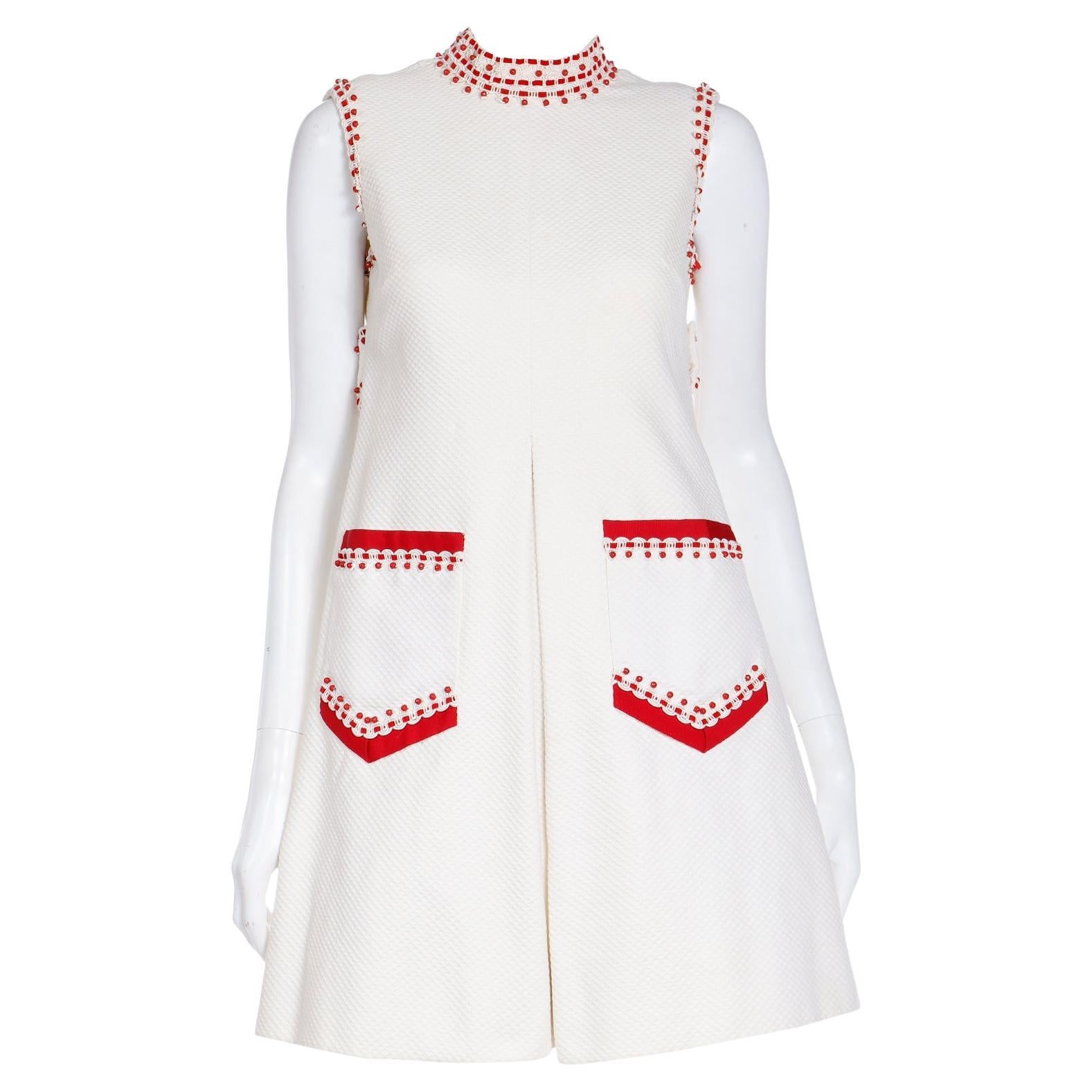 1960s Oscar de la Renta Beaded Off White Pique Cotton Mini Dress W Red Beadwork For Sale