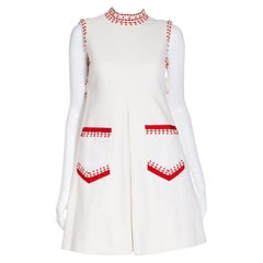 1960s Oscar de la Renta Beaded Off White Pique Cotton Mini Dress W Red Beadwork