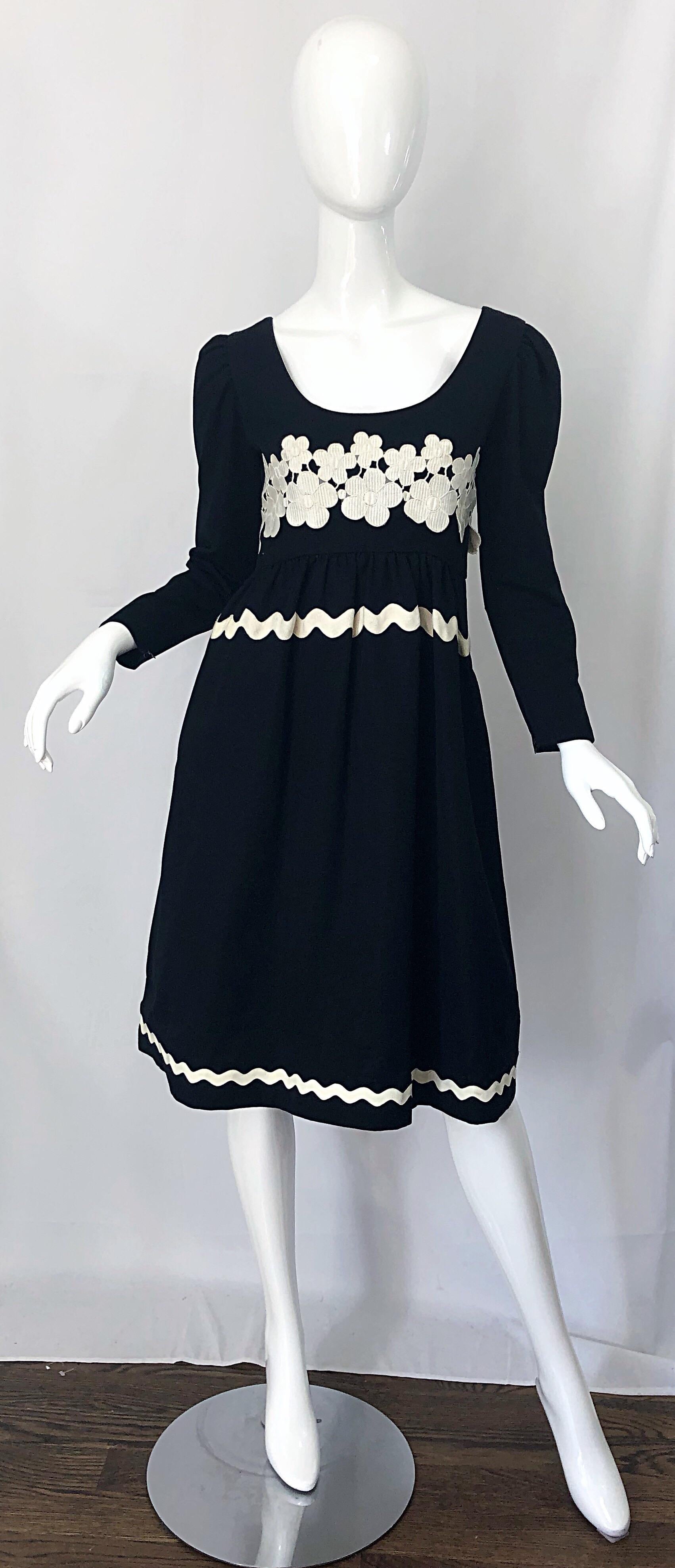 Chic vintage 1960s OSCAR DE LA RENTA black and white / ivory long sleeve silk A - Line dress! Features flowers embroidered / crochet at the bust, with flattering rickrack detail at waistband and hem. Slight puff sleeves add just the right amount of