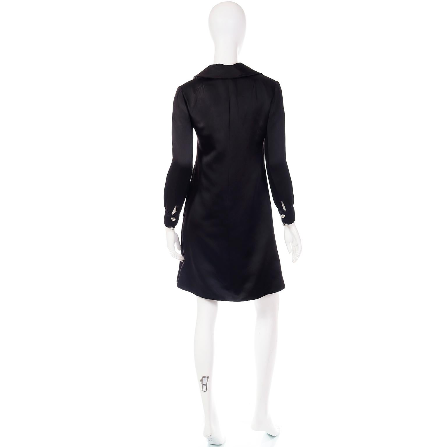 Women's 1960s Oscar de la Renta Black Satin Evening Coat w Rhinestone Buttons