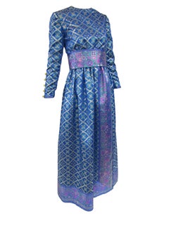 1960s Oscar de la Renta Blue Metallic Floral Brocade Evening Dress