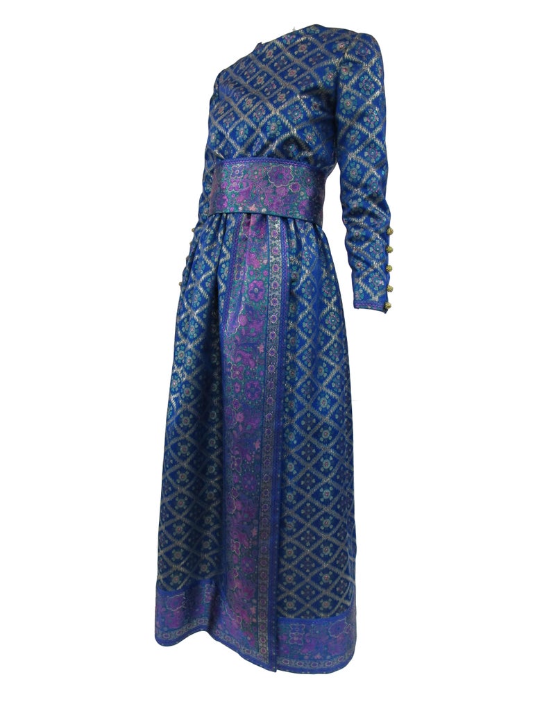  1960s Oscar de la Renta Blue Metallic Floral Brocade Evening Dress In Excellent Condition For Sale In Houston, TX