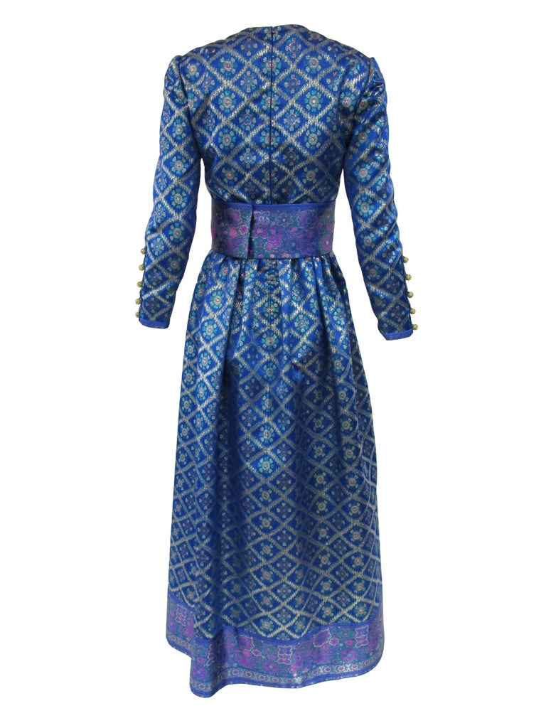Women's  1960s Oscar de la Renta Blue Metallic Floral Brocade Evening Dress For Sale