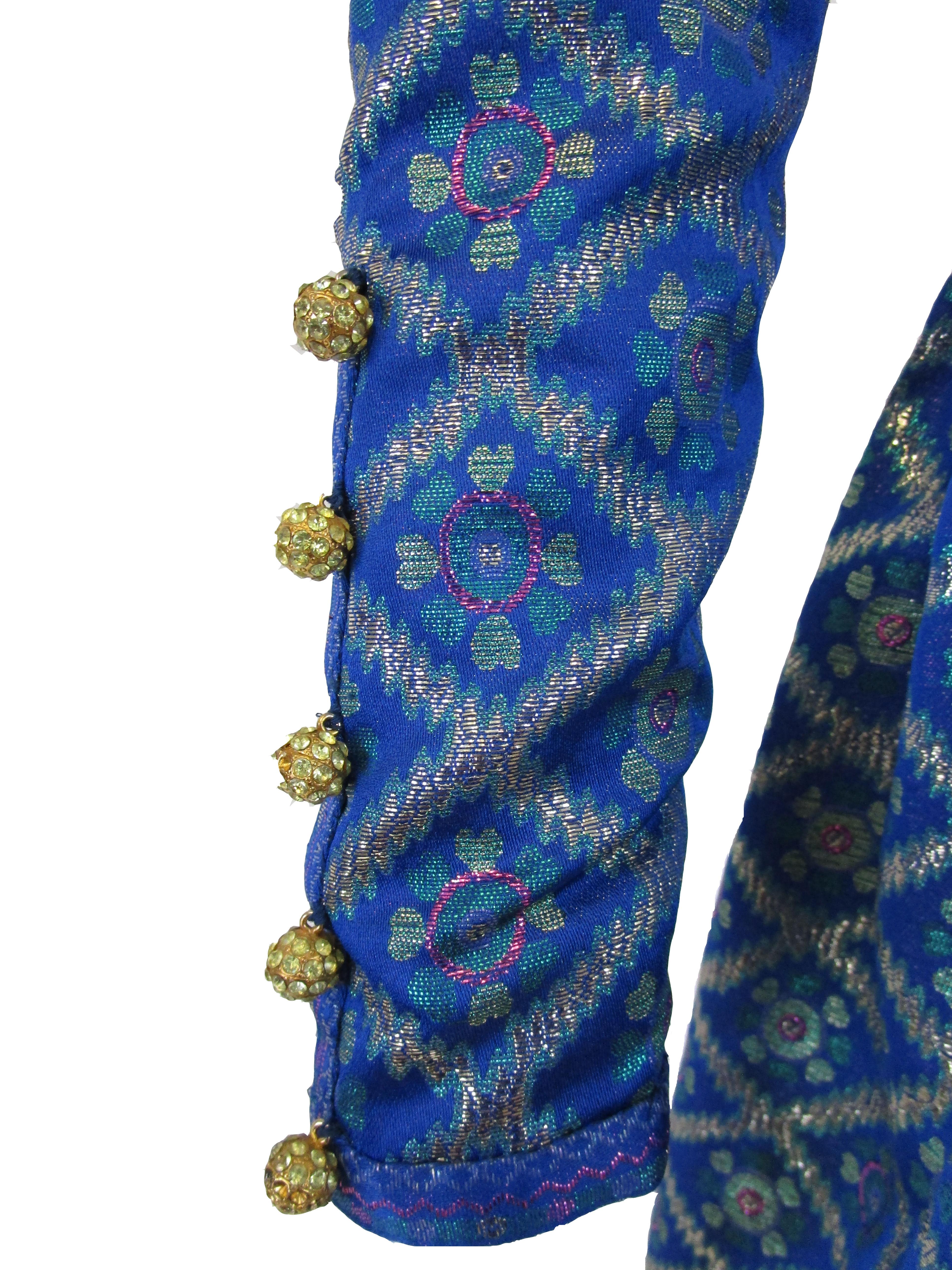 1960s Oscar de la Renta Blue Metallic Floral Brocade Evening Dress In Excellent Condition For Sale In Houston, TX