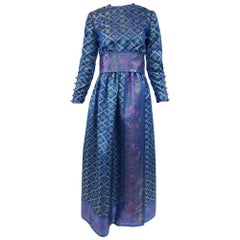  1960s Oscar de la Renta Blue Metallic Floral Brocade Evening Dress