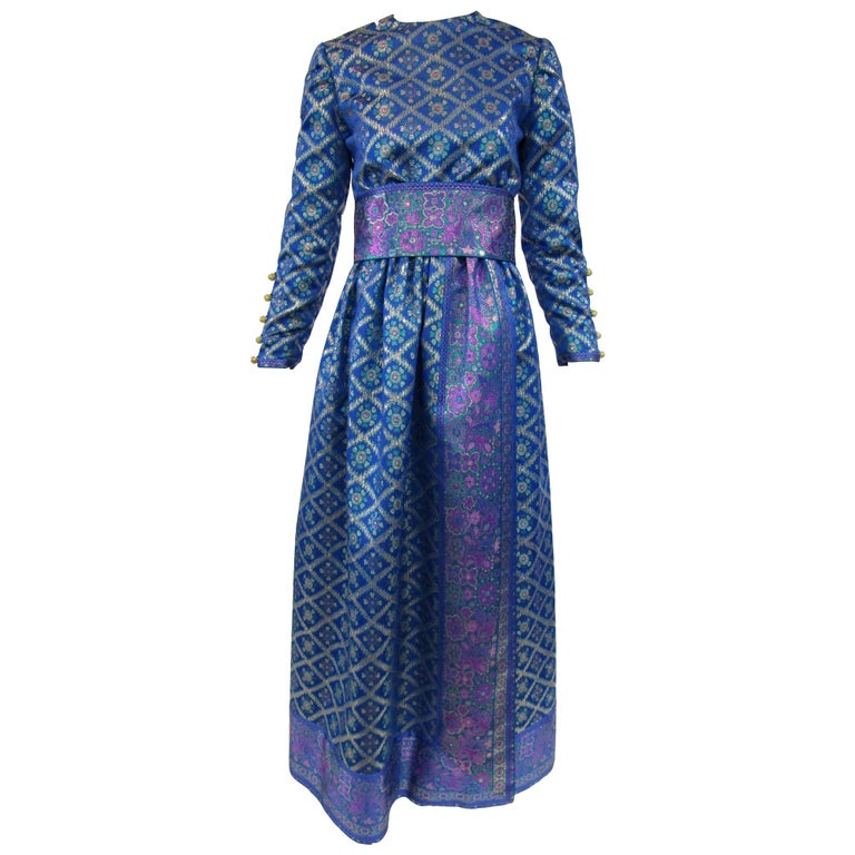  1960s Oscar de la Renta Blue Metallic Floral Brocade Evening Dress For Sale