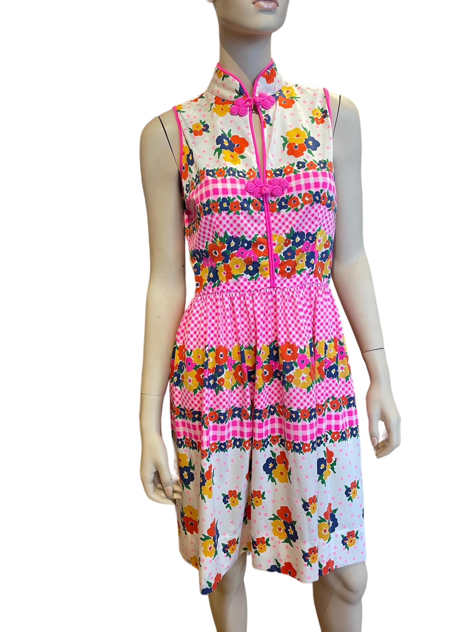 1960er Oscar De La Renta Hot Pink Floral Mandarin Style Sleeveless Dress - Rare Designer Vintage Stück!

Büste: 36