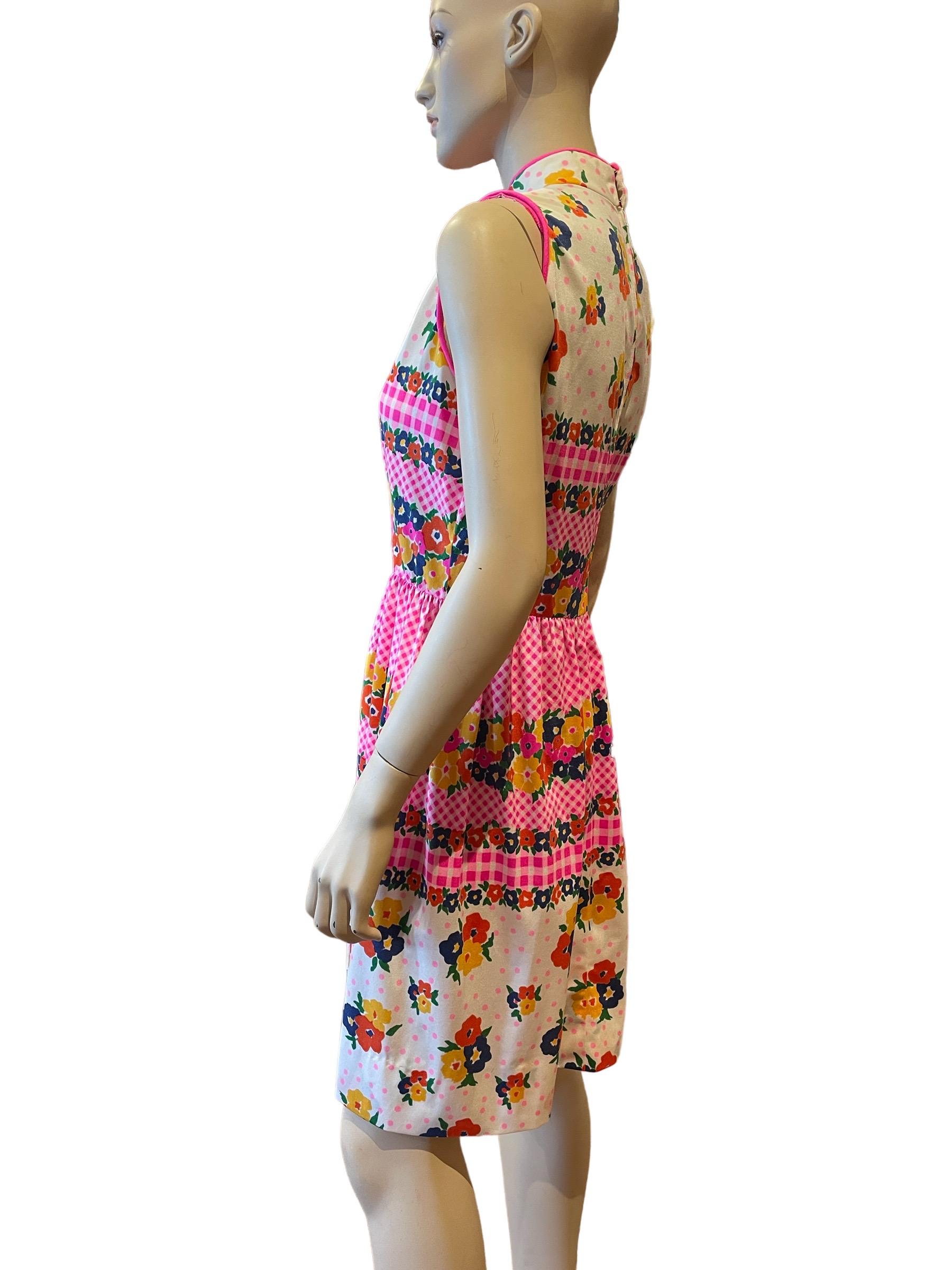 1960er Oscar De La Renta Hot Pink Floral Mandarin Style Ärmelloses Kleid Damen im Angebot