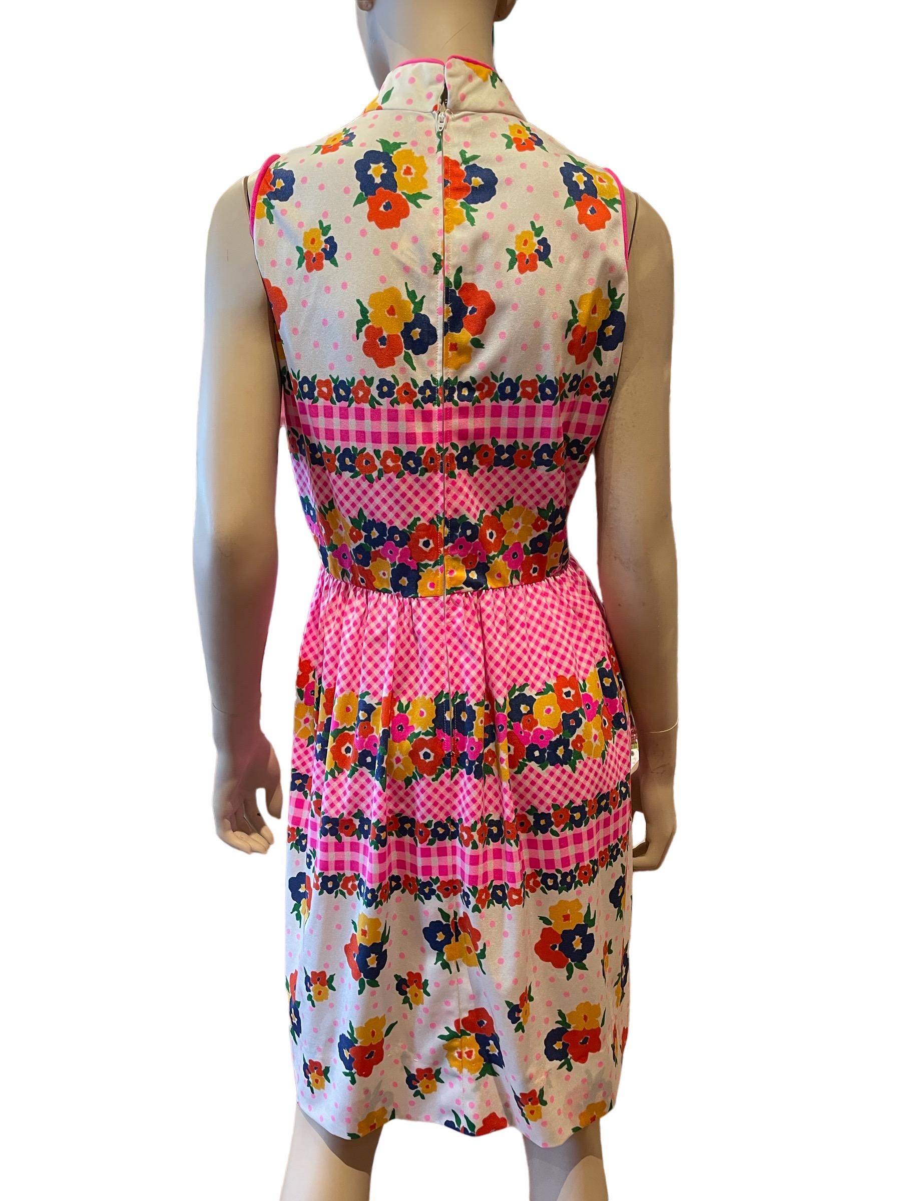 1960s Oscar De La Renta Hot Pink Floral Mandarin Style Sleeveless Dress For Sale 1