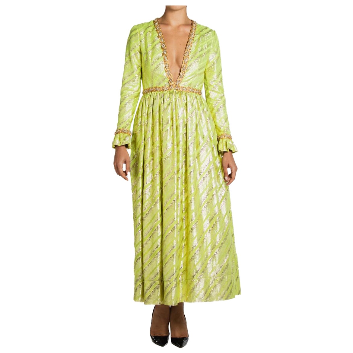 1960S Oscar De La Renta Lime Green Lurex Metallic Gown