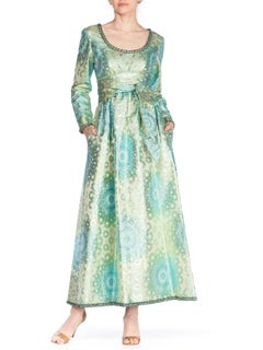 1960S OSCAR DE LA RENTA Aquamarine Silk & Lurex Damask Metallic Mod Floral Empi