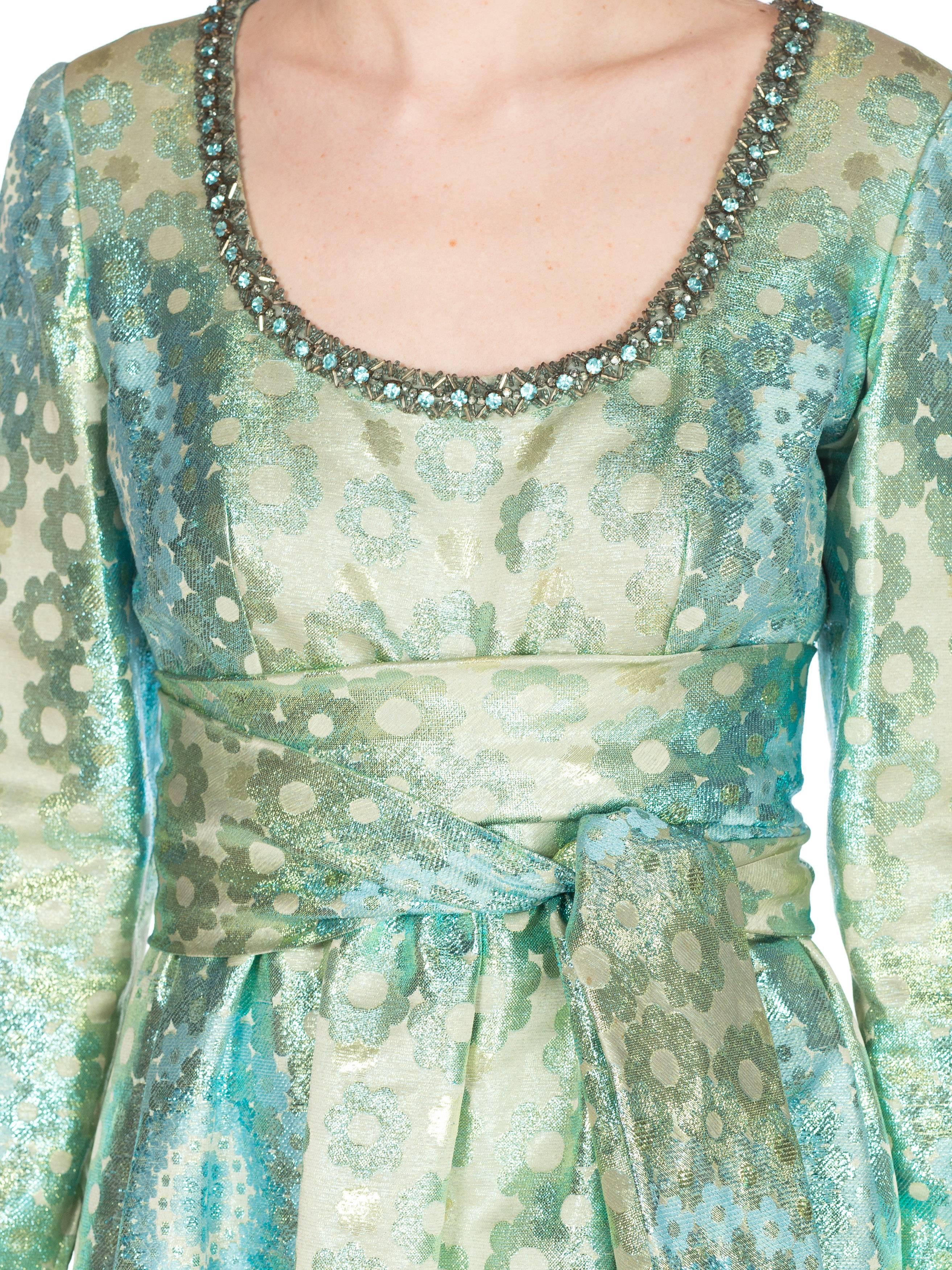 Green 1960S OSCAR DE LA RENTA Aquamarine Silk & Lurex Damask Metallic Mod Floral Empi