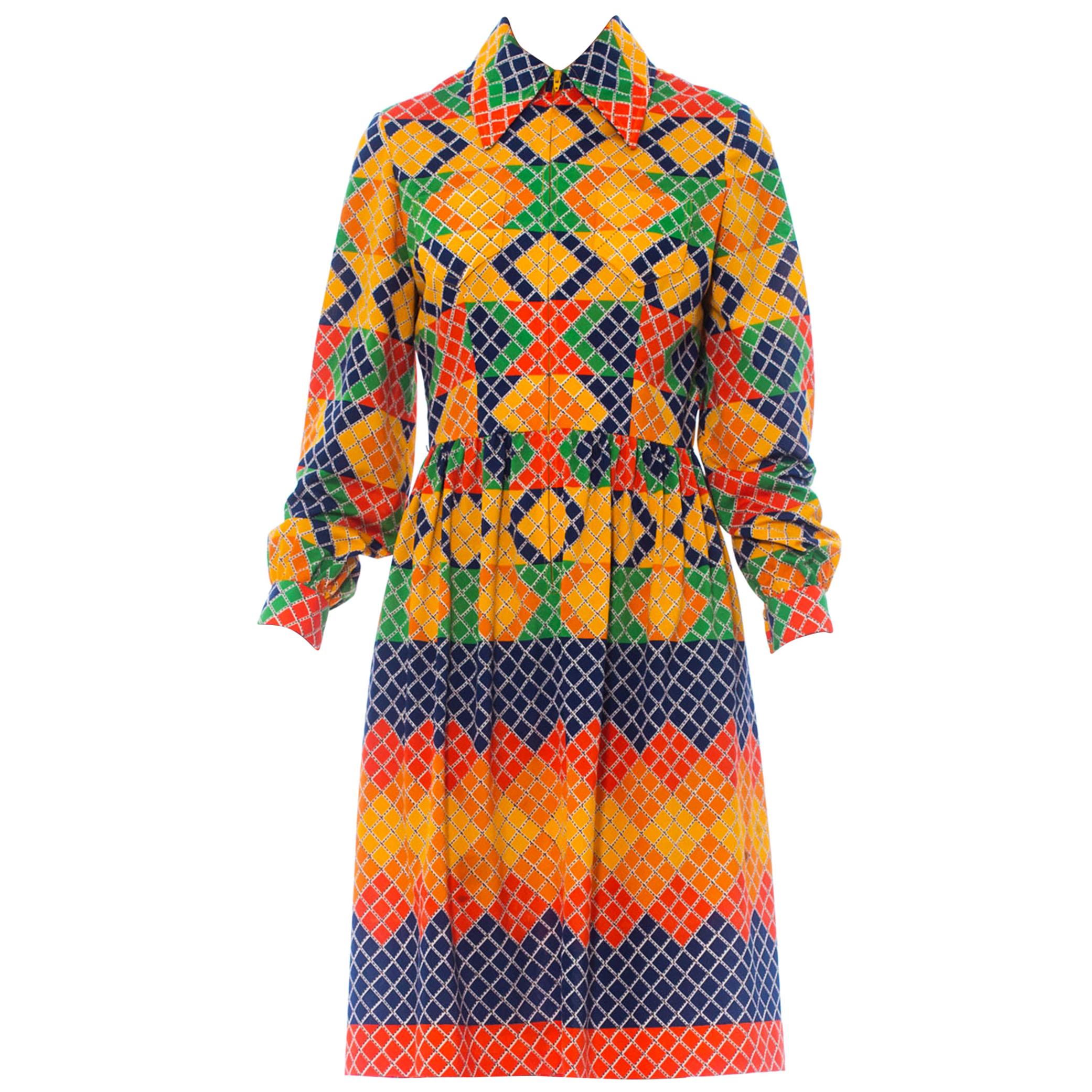 1960S OSCAR DE LA RENTA Multicolor Polyester Jersey Mod Geometric Shirt Dress