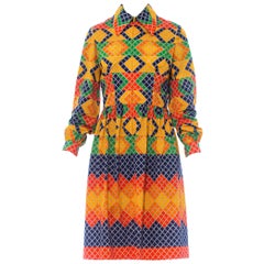 OSCAR DE LA RENTA Robe chemise en jersey de polyester multicolore à motifs géométriques, années 1960