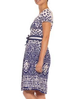 1960S OSCAR DE LA RENTA Navy Blue & White Floral Mod Cocktail Dress