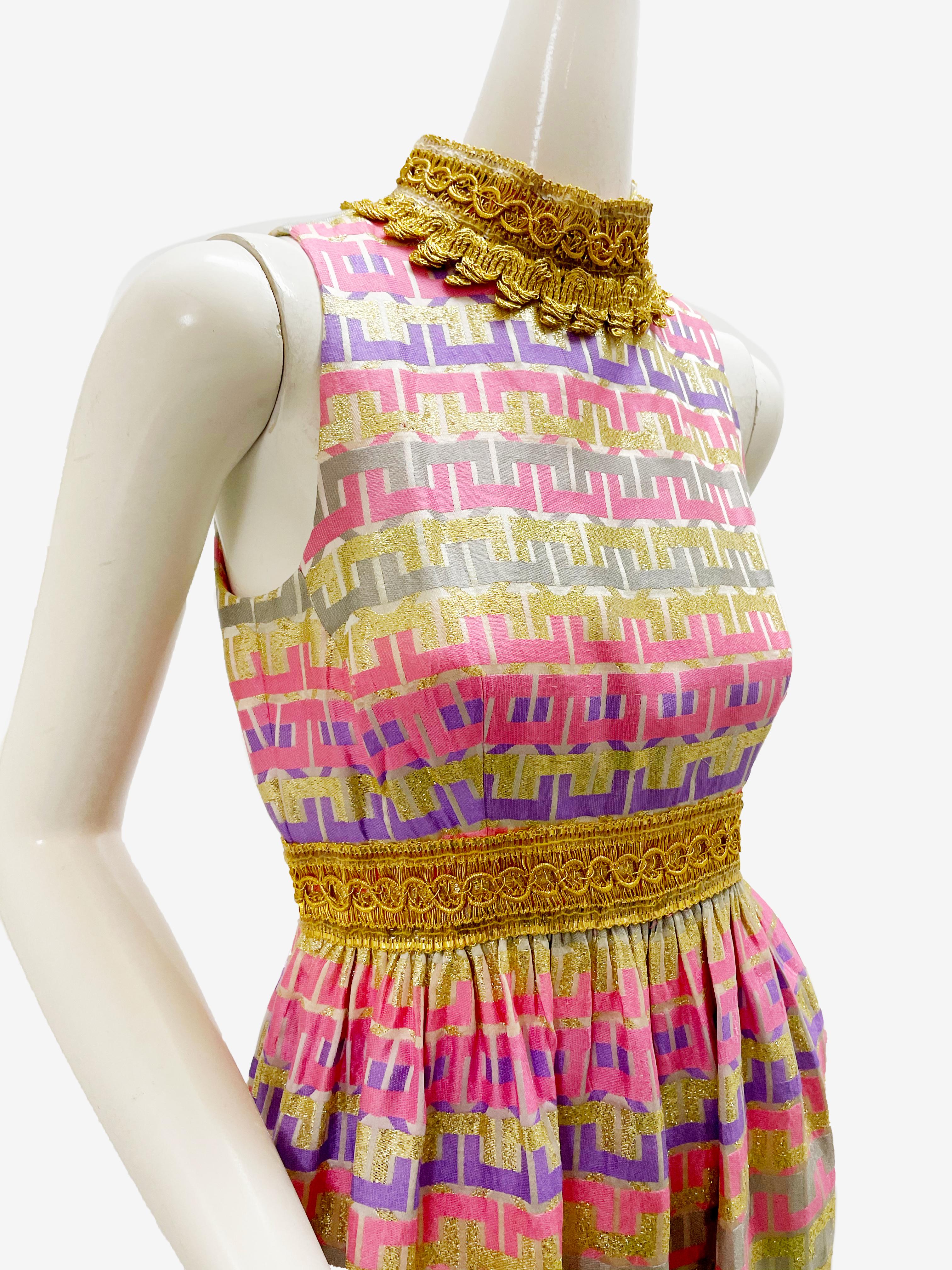1960s Oscar de La Renta Pastel Striped Brocade Minidress w/ Gold Neck & Waist In Excellent Condition In Gresham, OR