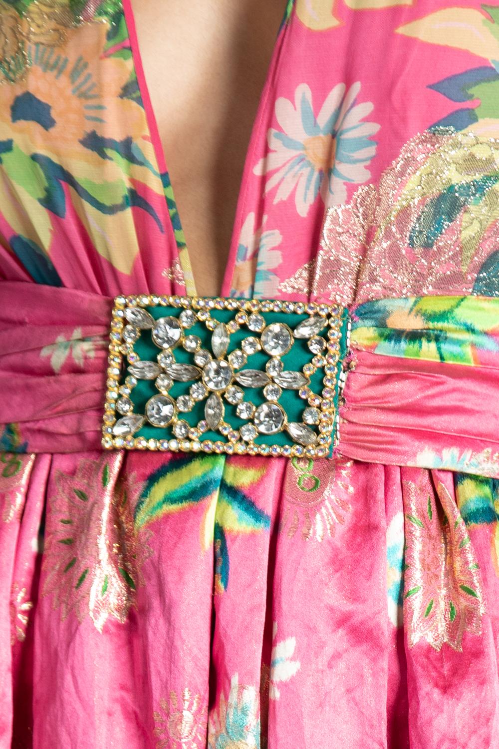 1960S OSCAR DE LA RENTA Pink Floral Silk & Lurex Gown With Pockets For Sale 7