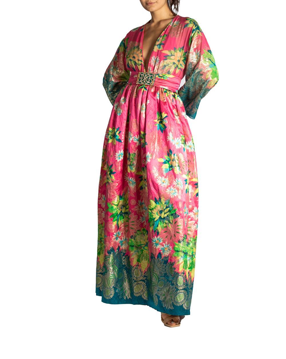 1960S OSCAR DE LA RENTA Pink Floral Silk & Lurex Gown With Pockets In Excellent Condition For Sale In New York, NY