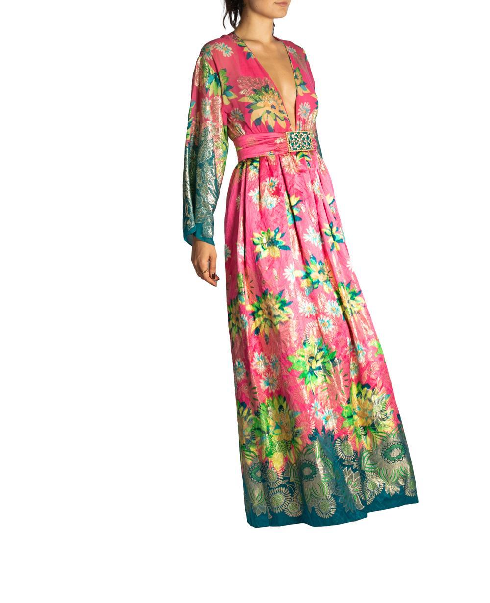 Women's 1960S OSCAR DE LA RENTA Pink Floral Silk & Lurex Gown With Pockets For Sale
