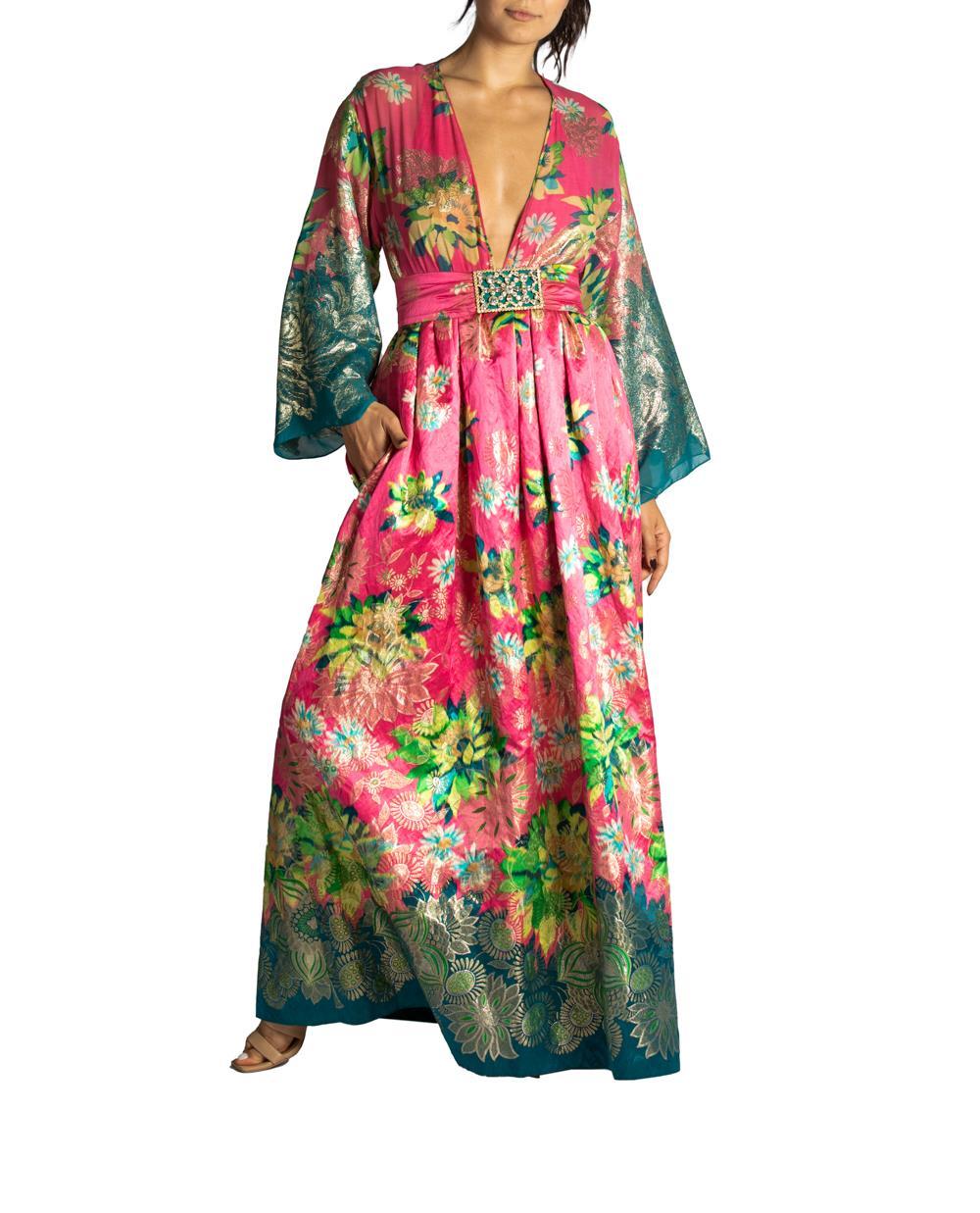 1960S OSCAR DE LA RENTA Pink Floral Silk & Lurex Gown With Pockets For Sale 2