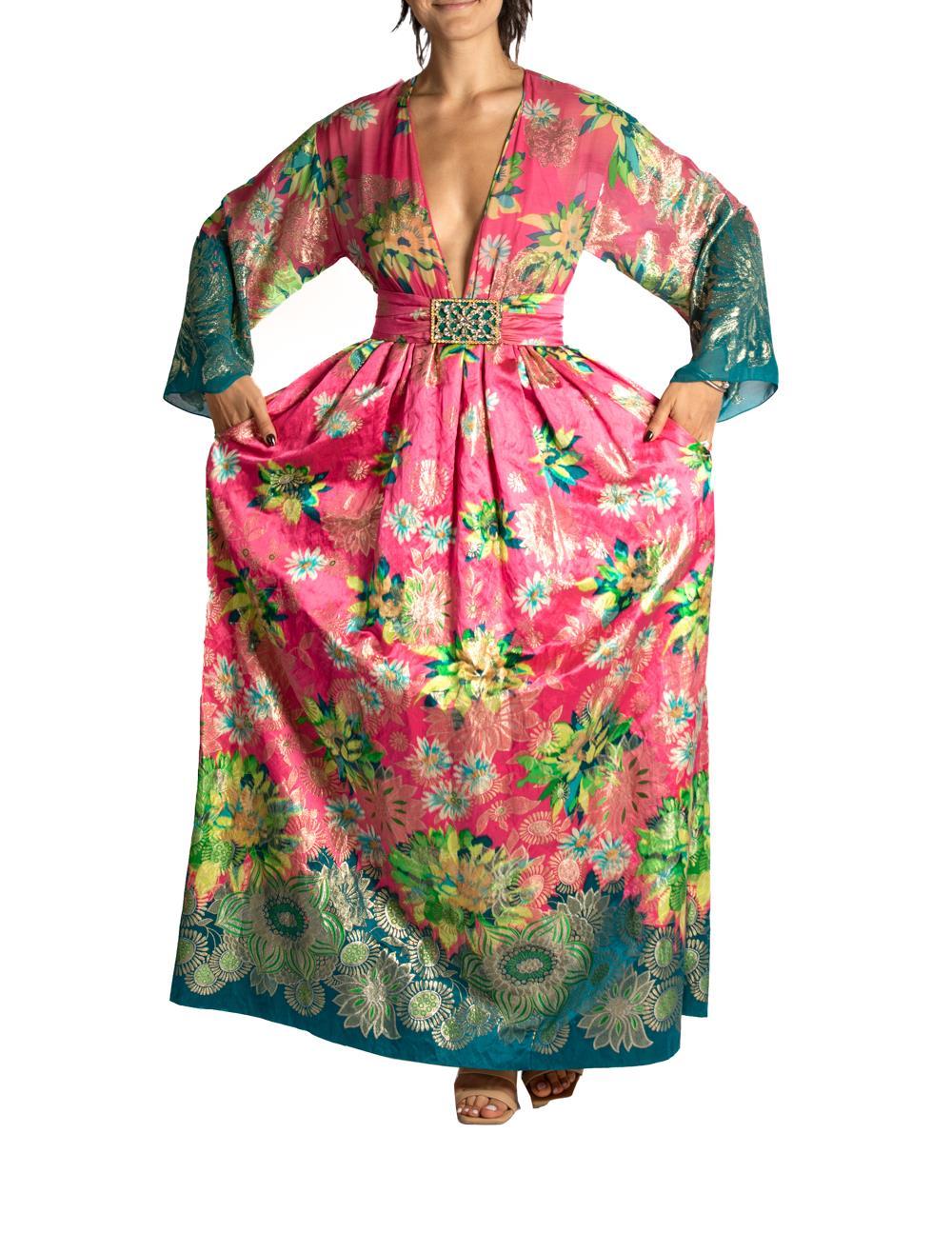 1960S OSCAR DE LA RENTA Pink Floral Silk & Lurex Gown With Pockets For Sale 3