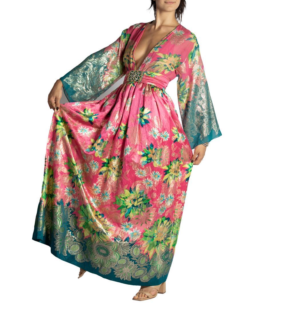 1960S OSCAR DE LA RENTA Pink Floral Silk & Lurex Gown With Pockets For Sale 4