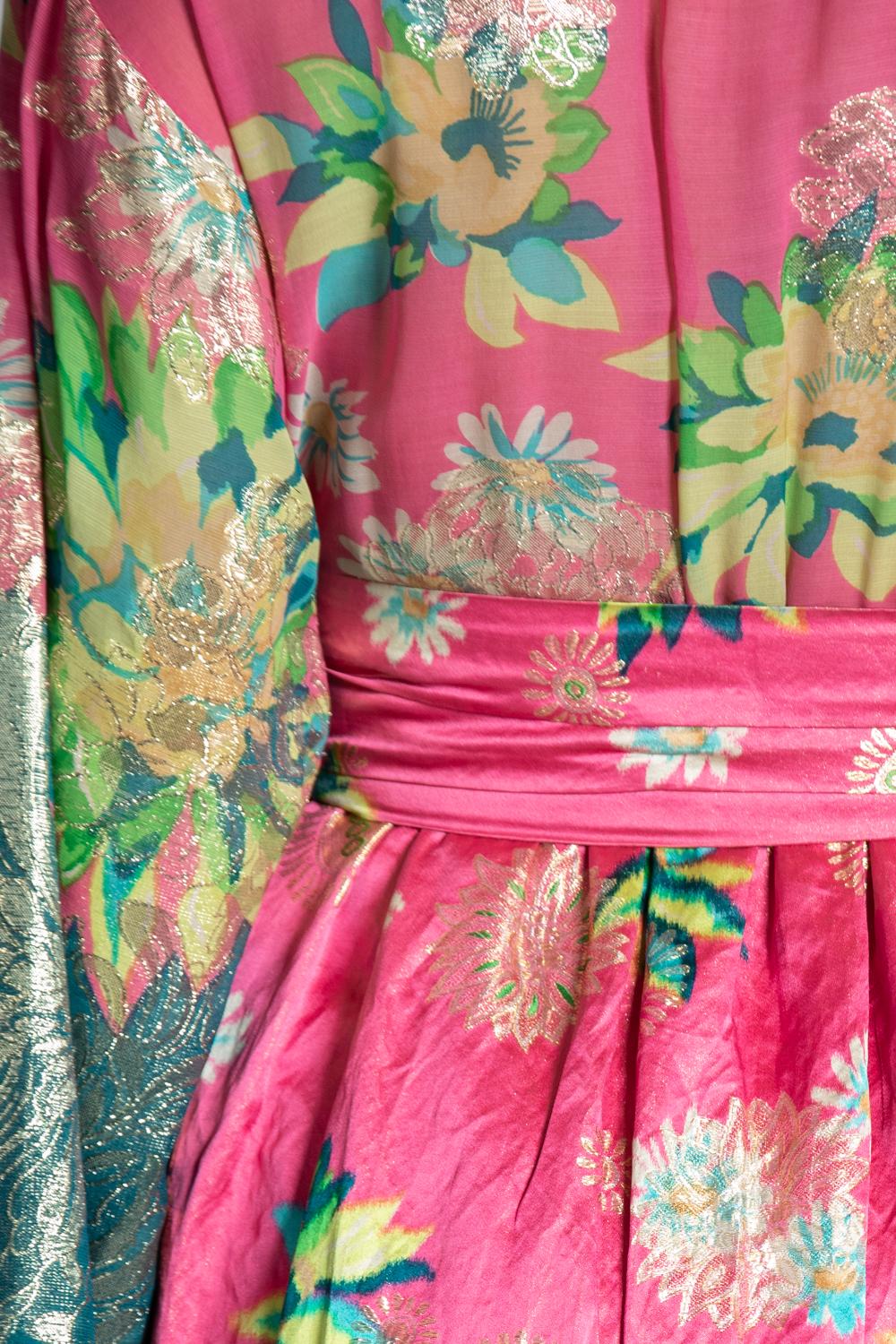 1960S OSCAR DE LA RENTA Pink Floral Silk & Lurex Gown With Pockets For Sale 6
