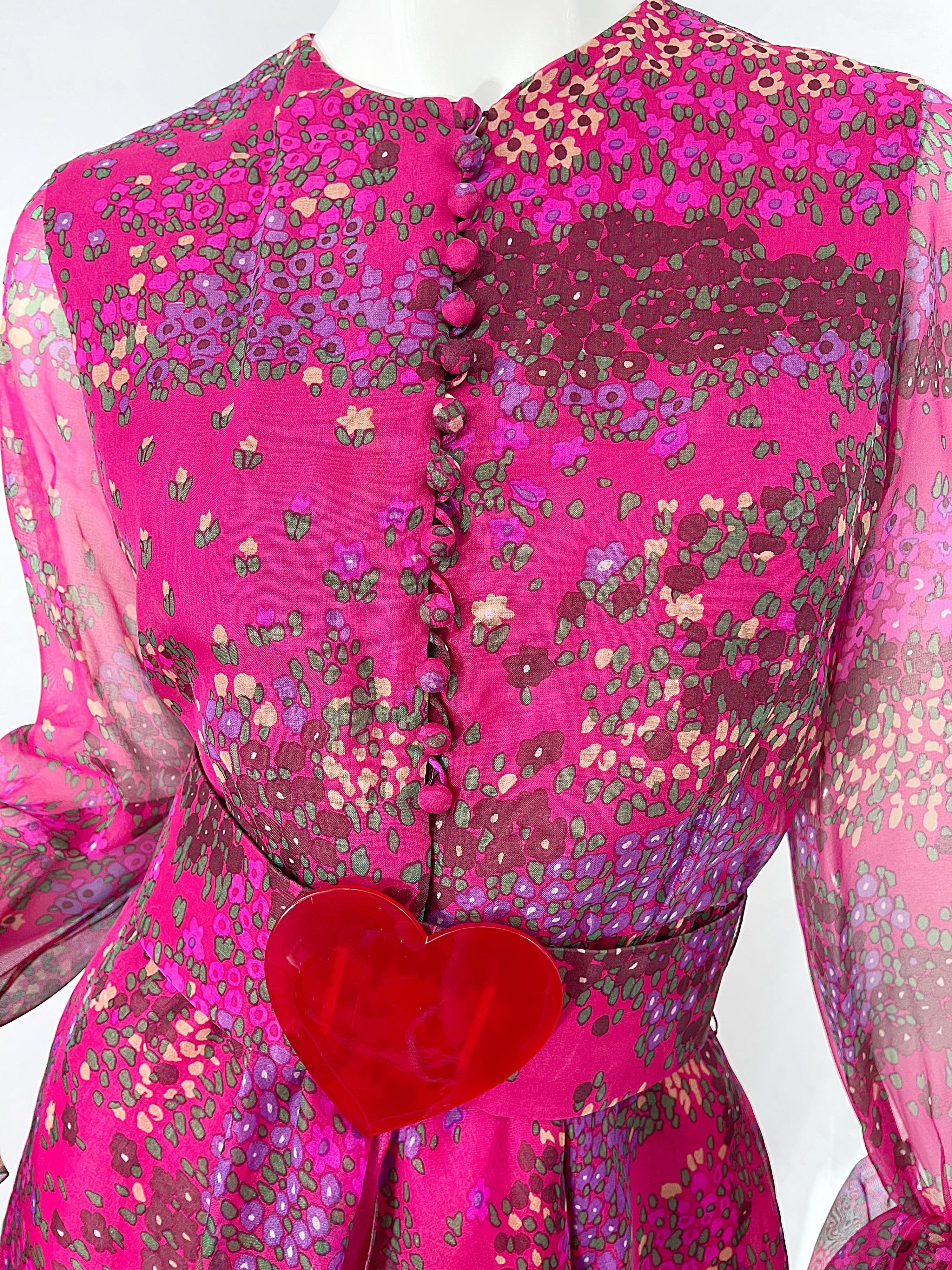 1960s Oscar de la Renta Pink Heart and Flower Print Vintage 60s Silk Dress For Sale 1