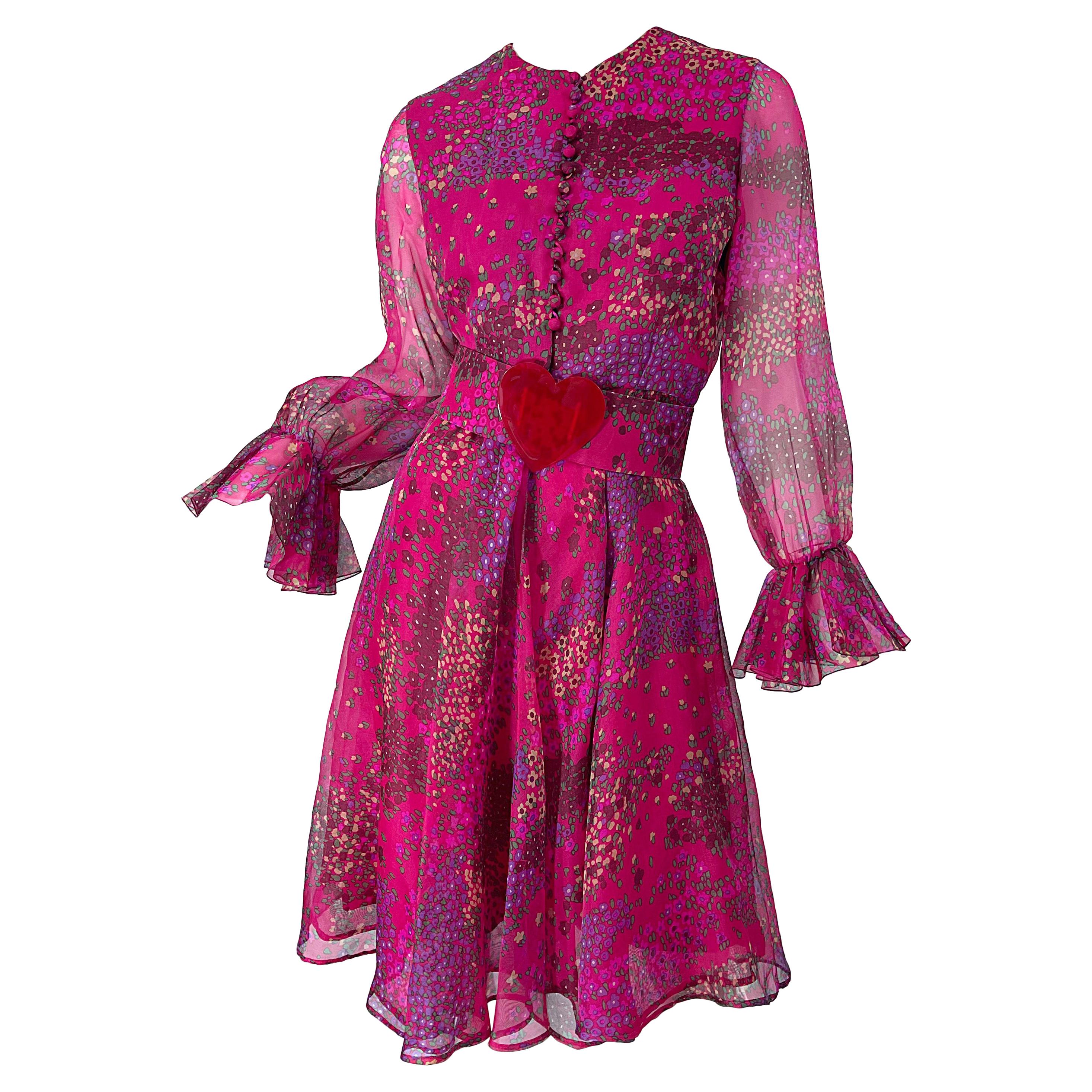 1960s Oscar de la Renta Pink Heart and Flower Print Vintage 60s Silk Dress For Sale