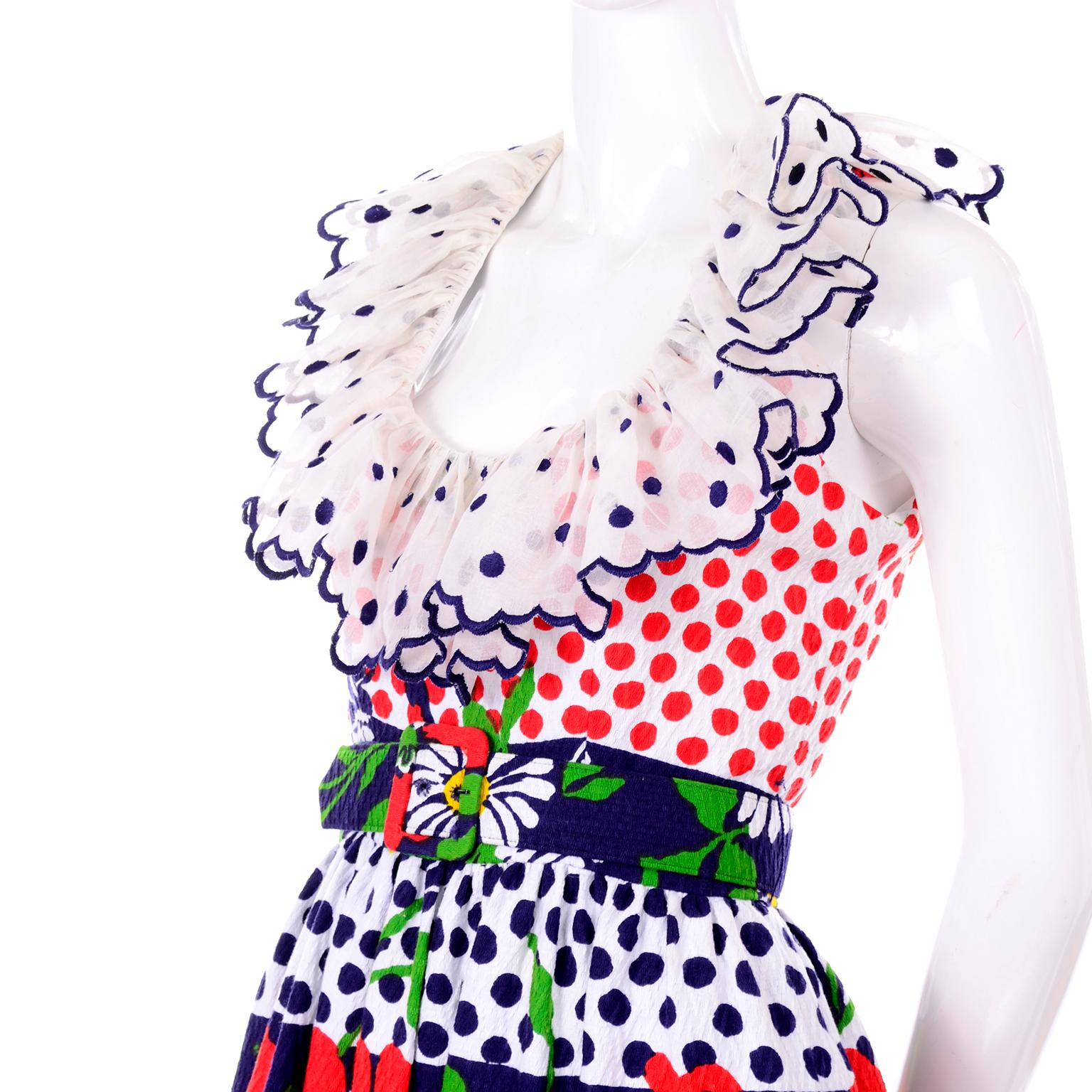 1960s Oscar de la Renta Polka Dot Poppy & Daisy Print Vintage Dress w/ Ruffles 1