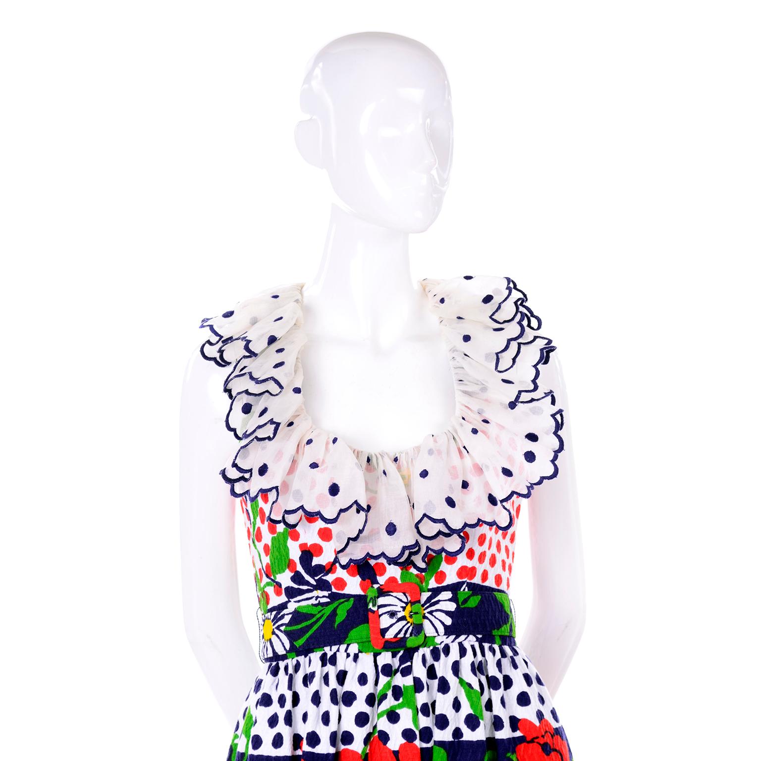 1960s Oscar de la Renta Polka Dot Poppy & Daisy Print Vintage Dress w/ Ruffles 2