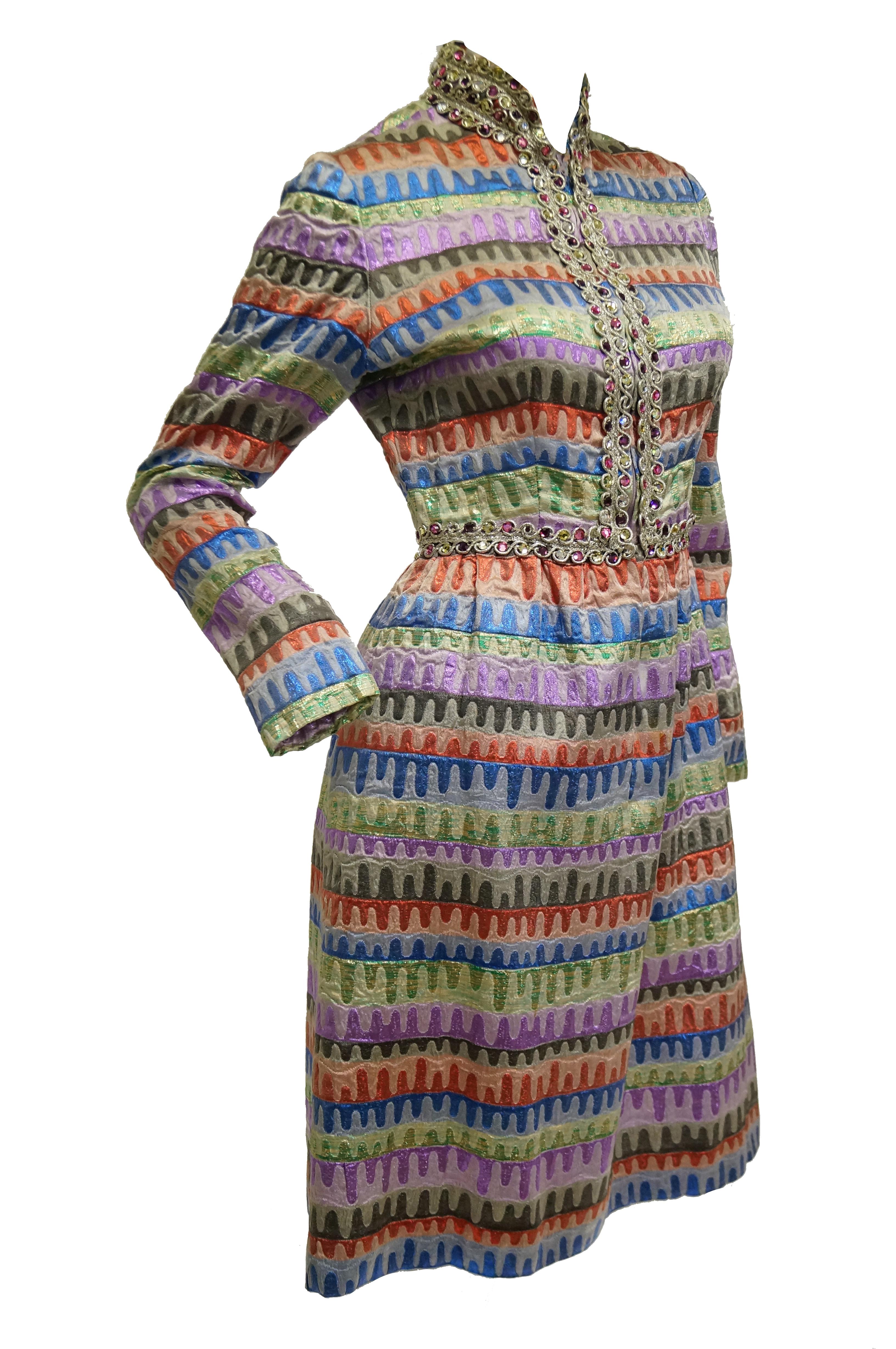 1960s Oscar de la Renta Rainbow Brocade Wave Cocktail Dress In Excellent Condition For Sale In Houston, TX