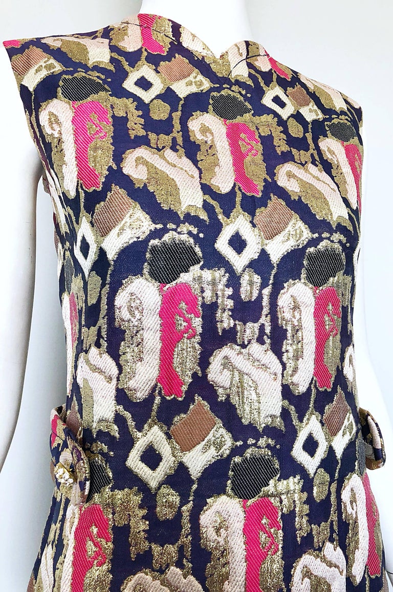 Late 1960s Oscar de la Renta Deep Brown Flat Velvet & Brocade Dress w Slit Sleeves & Lace Belt