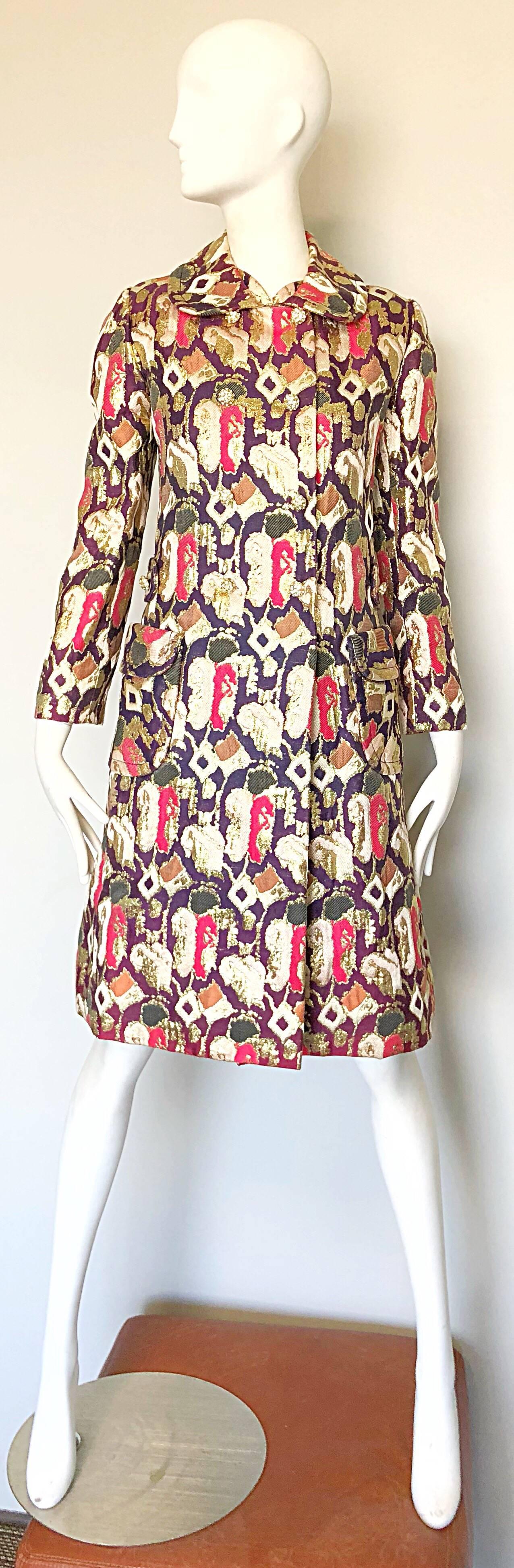 Brown 1960s Oscar de la Renta Silk Brocade A - Line 60s Vintage Dress and Jacket For Sale