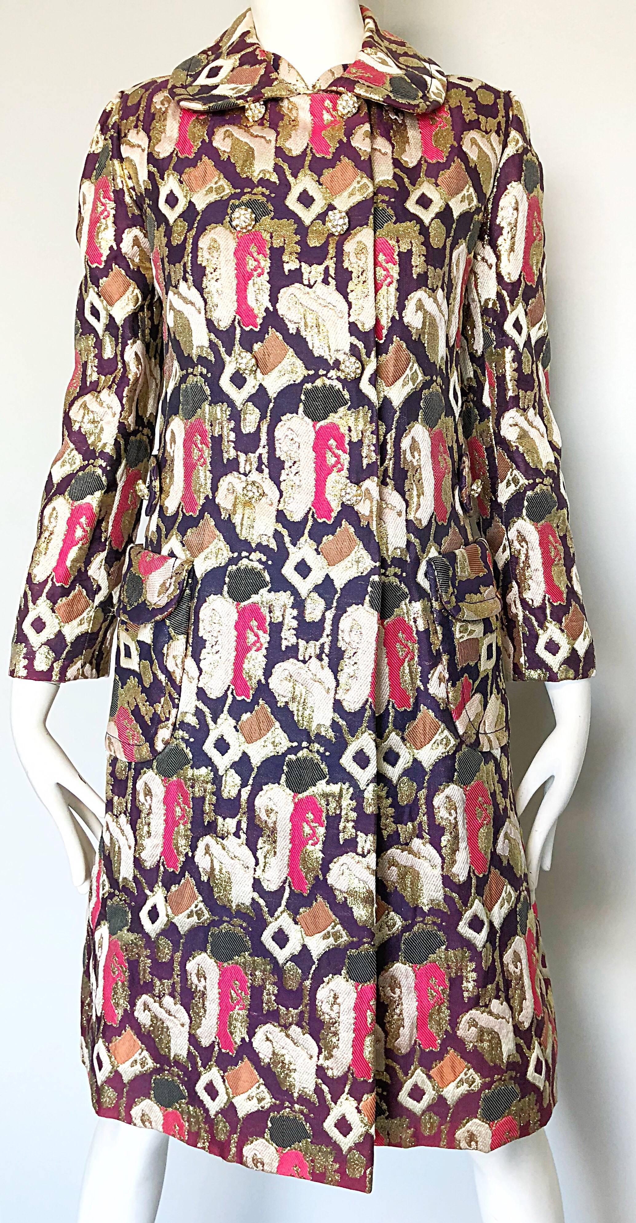 1960s Oscar de la Renta Silk Brocade A - Line 60s Vintage Dress and Jacket For Sale 3