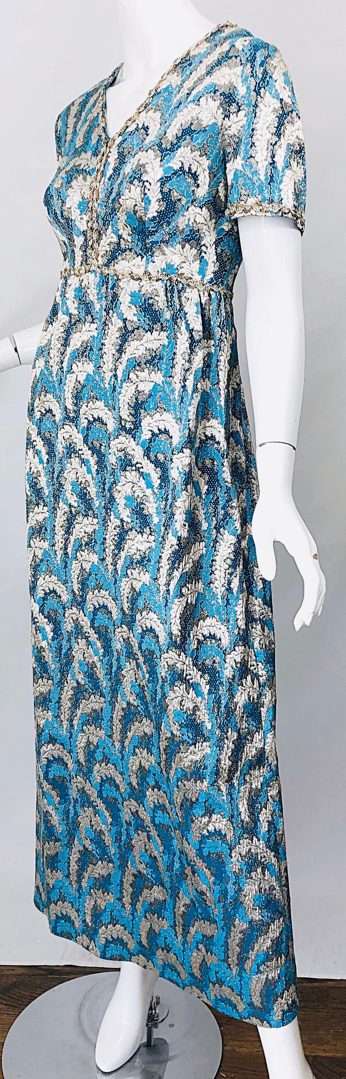1960s Oscar de la Renta Turquoise Blue Silver Silk Brocade Sequin 60s Gown Dress For Sale 3
